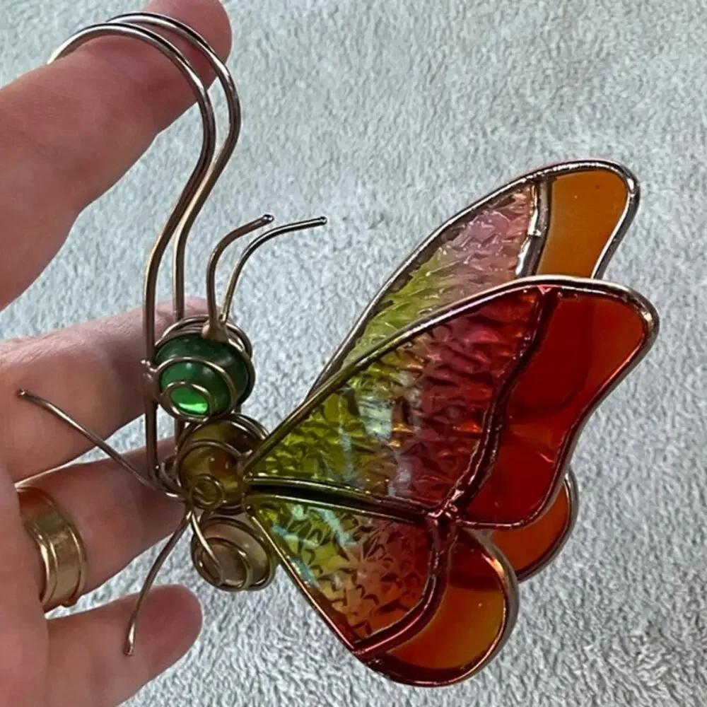 Vintage Multi Color Stained Glass Flower Pot Hanger Butterfly - WINGS MOVE - 4" - Picture 3 of 5